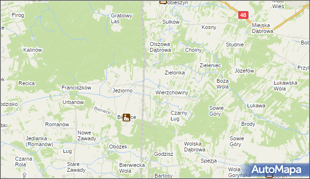 mapa Wierzchowiny gmina Jedlińsk, Wierzchowiny gmina Jedlińsk na mapie Targeo