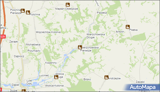 mapa Wierzchowiska Pierwsze gmina Modliborzyce, Wierzchowiska Pierwsze gmina Modliborzyce na mapie Targeo