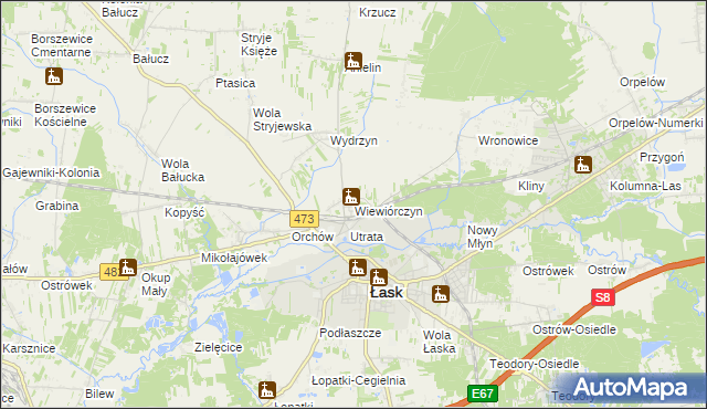 mapa Wiewiórczyn gmina Łask, Wiewiórczyn gmina Łask na mapie Targeo