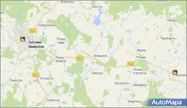 mapa Wiewiórki gmina Górowo Iławeckie, Wiewiórki gmina Górowo Iławeckie na mapie Targeo