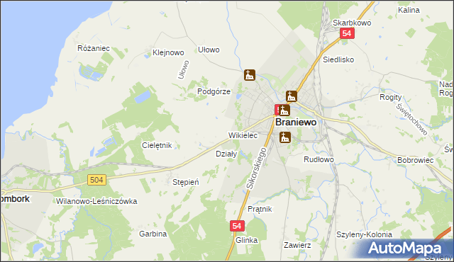 mapa Wikielec gmina Braniewo, Wikielec gmina Braniewo na mapie Targeo