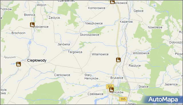 mapa Wilamowice gmina Ciepłowody, Wilamowice gmina Ciepłowody na mapie Targeo