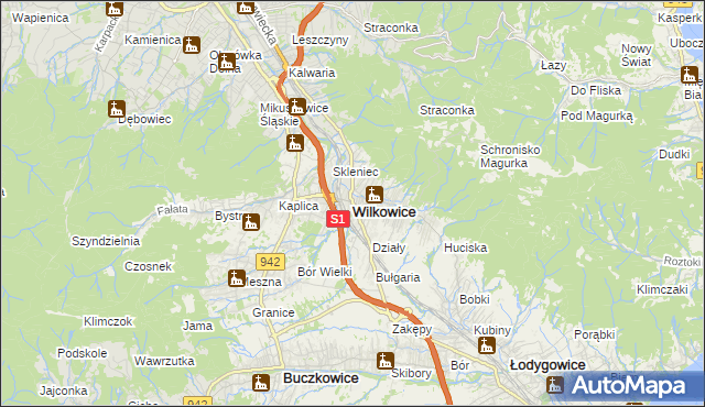 mapa Wilkowice powiat bielski, Wilkowice powiat bielski na mapie Targeo