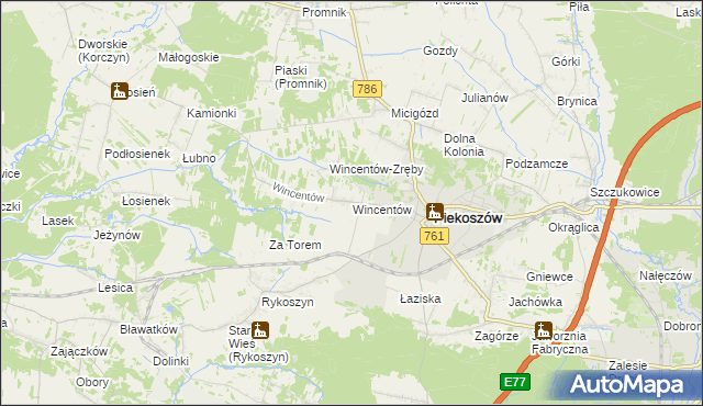 mapa Wincentów gmina Piekoszów, Wincentów gmina Piekoszów na mapie Targeo