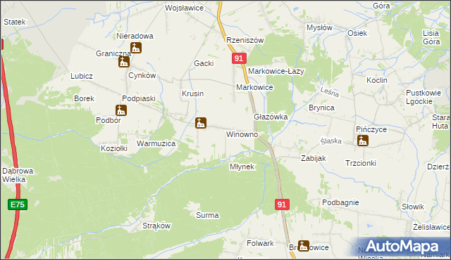 mapa Winowno gmina Koziegłowy, Winowno gmina Koziegłowy na mapie Targeo