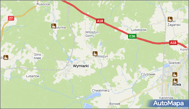 mapa Witoszyn gmina Wymiarki, Witoszyn gmina Wymiarki na mapie Targeo