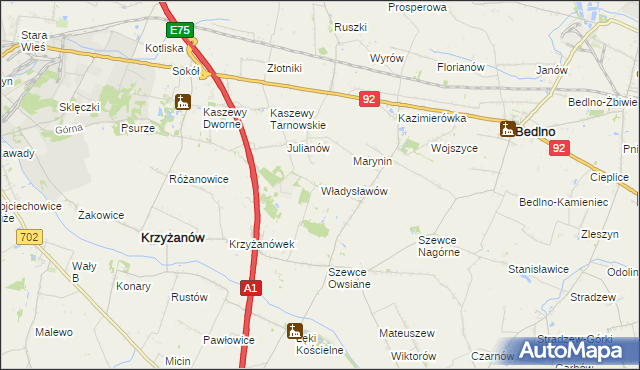 mapa Władysławów gmina Krzyżanów, Władysławów gmina Krzyżanów na mapie Targeo