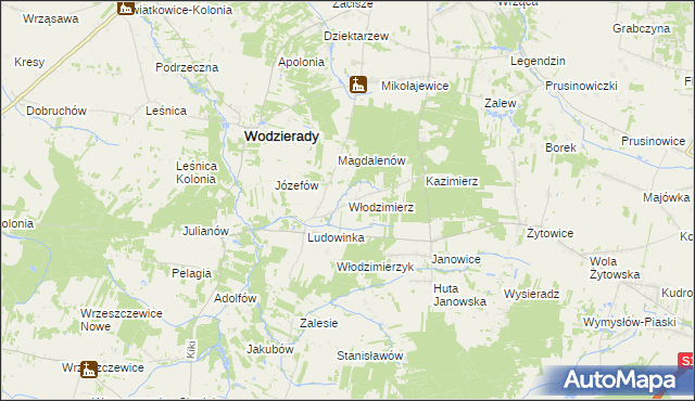 mapa Włodzimierz gmina Wodzierady, Włodzimierz gmina Wodzierady na mapie Targeo