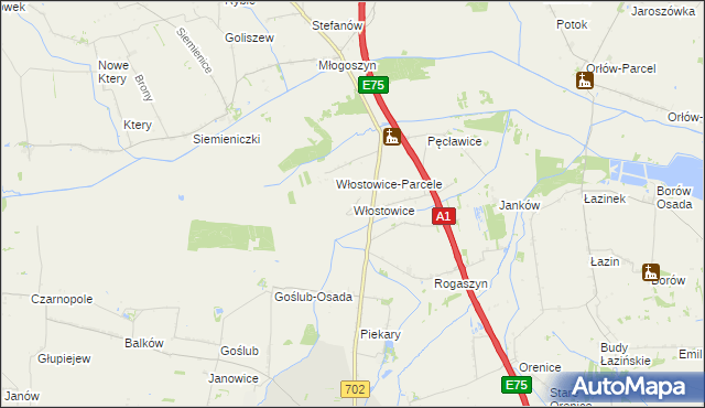 mapa Włostowice gmina Piątek, Włostowice gmina Piątek na mapie Targeo