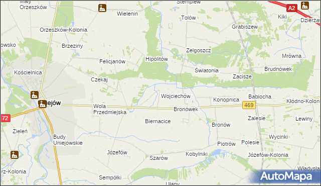 mapa Wojciechów gmina Wartkowice, Wojciechów gmina Wartkowice na mapie Targeo