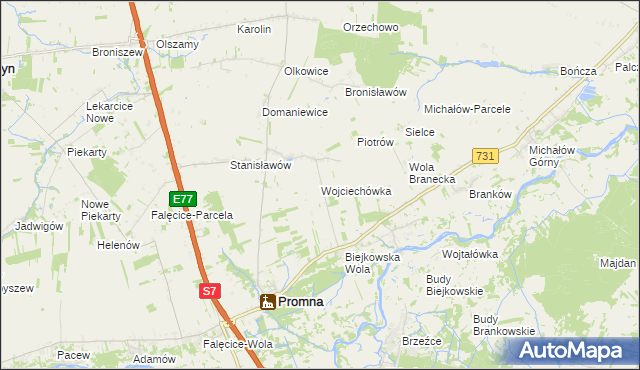 mapa Wojciechówka gmina Promna, Wojciechówka gmina Promna na mapie Targeo