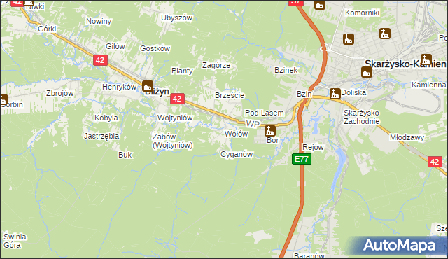 mapa Wołów gmina Bliżyn, Wołów gmina Bliżyn na mapie Targeo