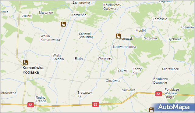 mapa Woroniec gmina Komarówka Podlaska, Woroniec gmina Komarówka Podlaska na mapie Targeo