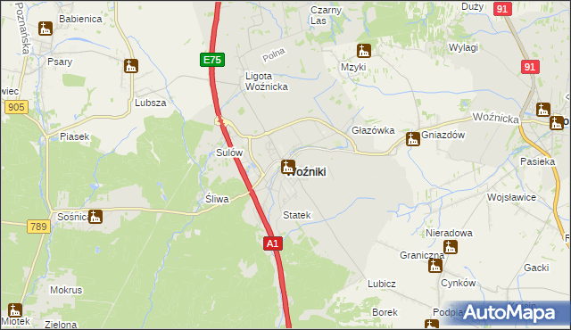 mapa Woźniki powiat lubliniecki, Woźniki powiat lubliniecki na mapie Targeo