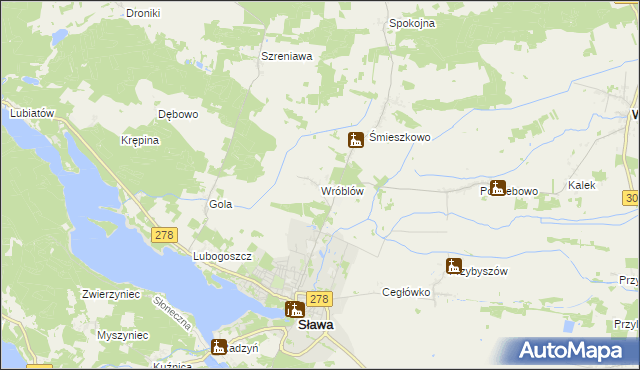 mapa Wróblów gmina Sława, Wróblów gmina Sława na mapie Targeo