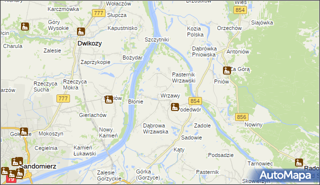 mapa Wrzawy gmina Gorzyce, Wrzawy gmina Gorzyce na mapie Targeo