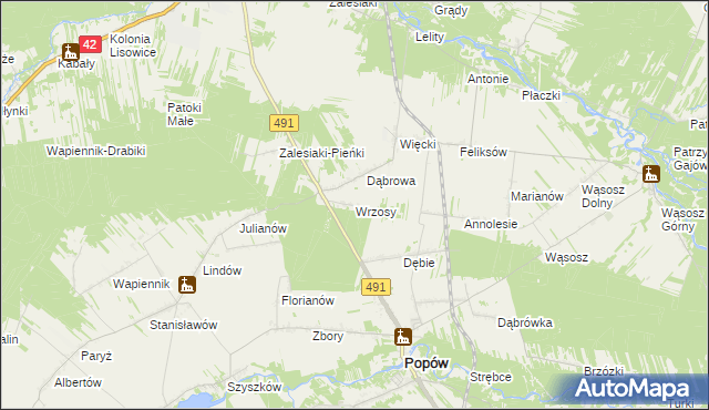 mapa Wrzosy gmina Popów, Wrzosy gmina Popów na mapie Targeo