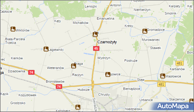 mapa Wydrzyn gmina Czarnożyły, Wydrzyn gmina Czarnożyły na mapie Targeo