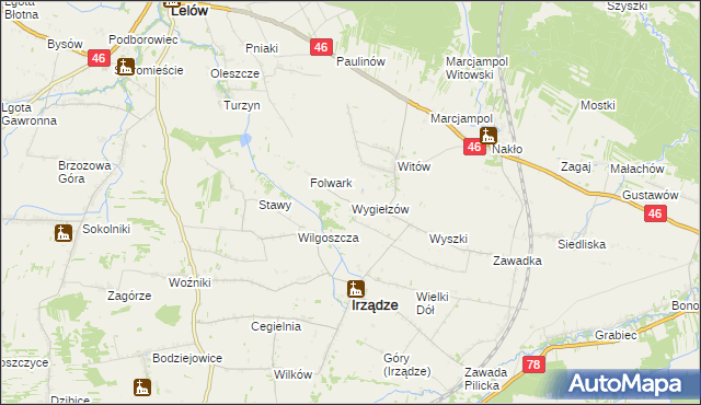 mapa Wygiełzów gmina Irządze, Wygiełzów gmina Irządze na mapie Targeo