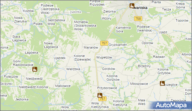 mapa Wygiełzów gmina Iwaniska, Wygiełzów gmina Iwaniska na mapie Targeo