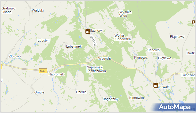 mapa Wygoda gmina Ostróda, Wygoda gmina Ostróda na mapie Targeo