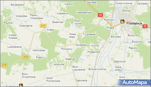 mapa Wylazłów gmina Poddębice, Wylazłów gmina Poddębice na mapie Targeo