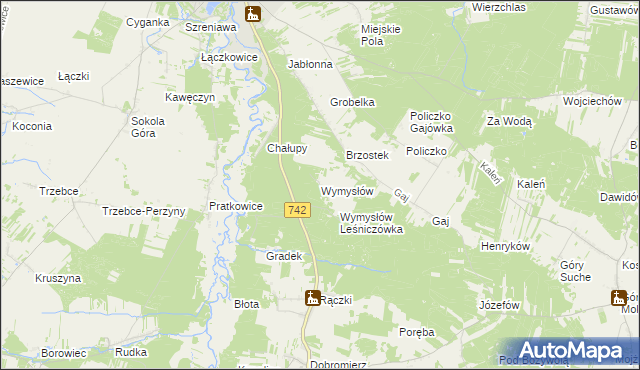 mapa Wymysłów gmina Przedbórz, Wymysłów gmina Przedbórz na mapie Targeo