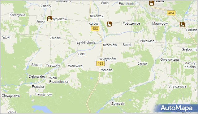 mapa Wypychów gmina Zelów, Wypychów gmina Zelów na mapie Targeo