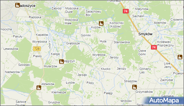 mapa Wyrębów gmina Radoszyce, Wyrębów gmina Radoszyce na mapie Targeo