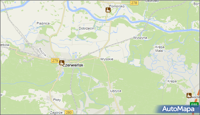 mapa Wysokie gmina Czerwieńsk, Wysokie gmina Czerwieńsk na mapie Targeo