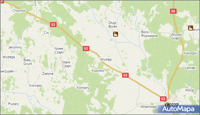 mapa Występ gmina Rozogi, Występ gmina Rozogi na mapie Targeo
