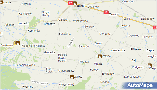 mapa Zaborów gmina Błaszki, Zaborów gmina Błaszki na mapie Targeo