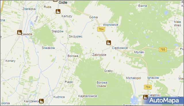 mapa Zabrodzie gmina Gidle, Zabrodzie gmina Gidle na mapie Targeo