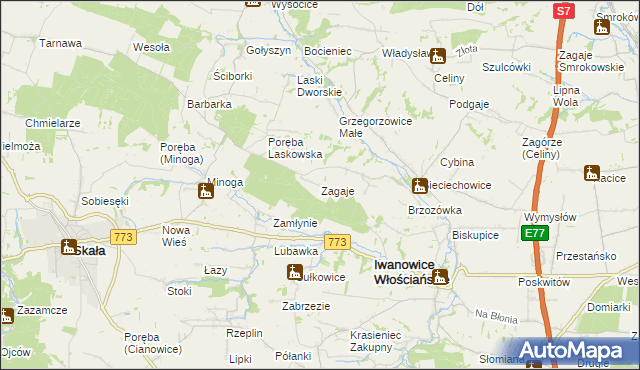 mapa Zagaje gmina Iwanowice, Zagaje gmina Iwanowice na mapie Targeo