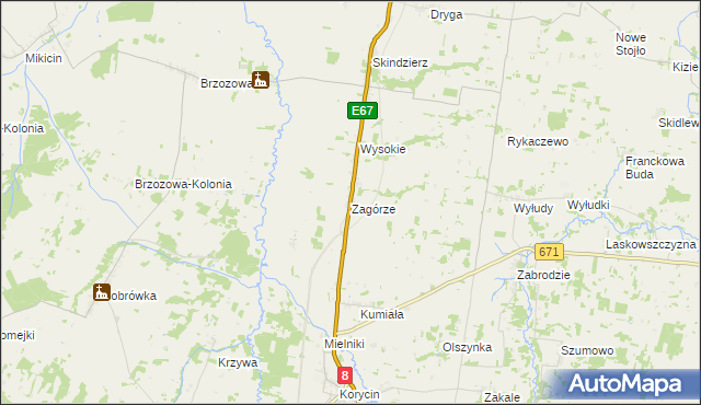 mapa Zagórze gmina Korycin, Zagórze gmina Korycin na mapie Targeo