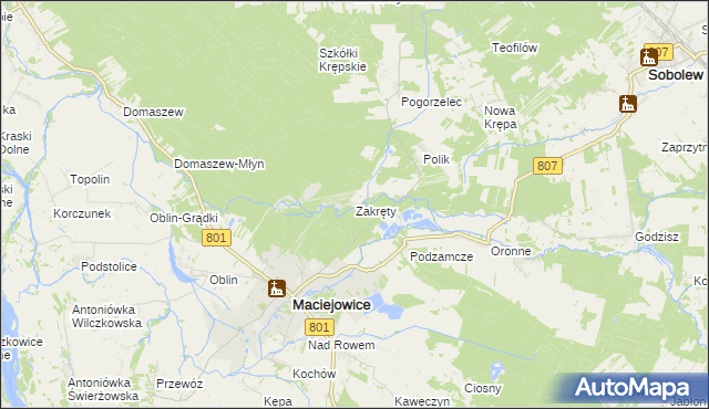 mapa Zakręty gmina Maciejowice, Zakręty gmina Maciejowice na mapie Targeo