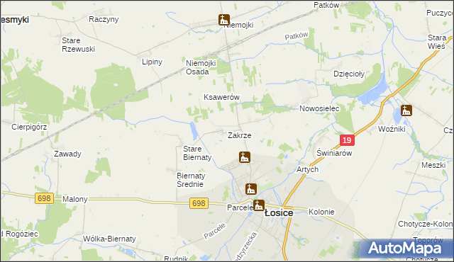 mapa Zakrze gmina Łosice, Zakrze gmina Łosice na mapie Targeo