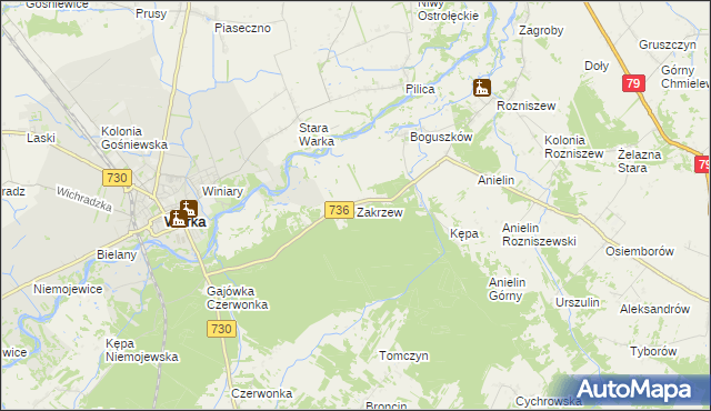 mapa Zakrzew gmina Grabów nad Pilicą, Zakrzew gmina Grabów nad Pilicą na mapie Targeo