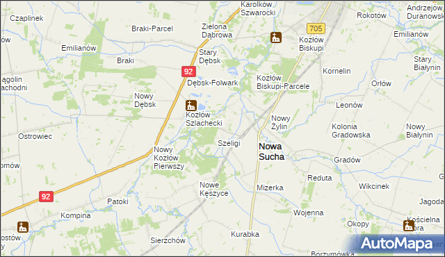 mapa Zakrzew gmina Nowa Sucha, Zakrzew gmina Nowa Sucha na mapie Targeo