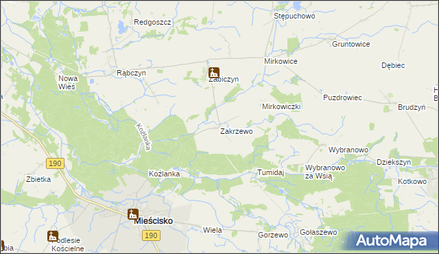 mapa Zakrzewo gmina Mieścisko, Zakrzewo gmina Mieścisko na mapie Targeo