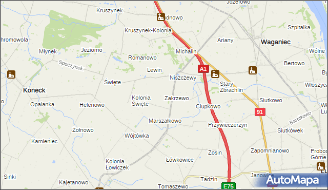 mapa Zakrzewo gmina Waganiec, Zakrzewo gmina Waganiec na mapie Targeo