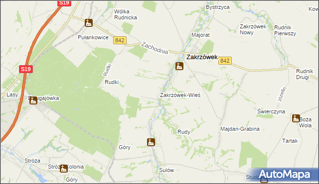 mapa Zakrzówek-Wieś gmina Zakrzówek, Zakrzówek-Wieś gmina Zakrzówek na mapie Targeo