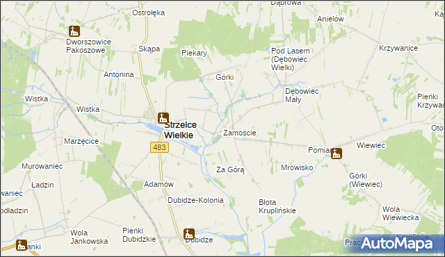 mapa Zamoście gmina Strzelce Wielkie, Zamoście gmina Strzelce Wielkie na mapie Targeo