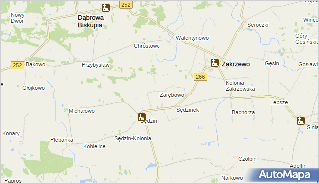 mapa Zarębowo gmina Zakrzewo, Zarębowo gmina Zakrzewo na mapie Targeo