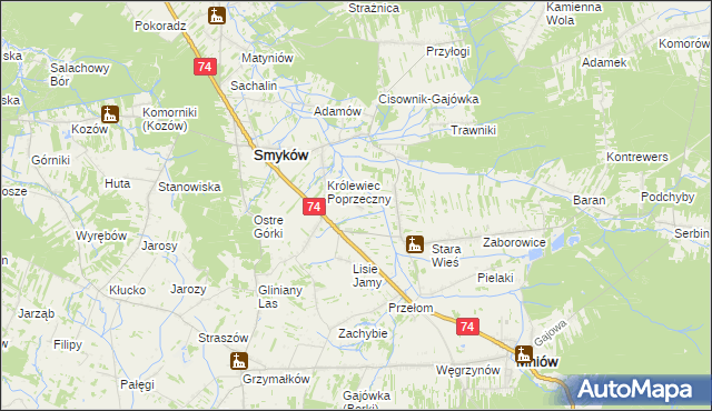 mapa Zastawie gmina Smyków, Zastawie gmina Smyków na mapie Targeo