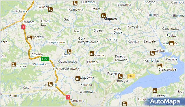 mapa Zawada gmina Myślenice, Zawada gmina Myślenice na mapie Targeo