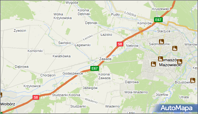 mapa Zawada gmina Tomaszów Mazowiecki, Zawada gmina Tomaszów Mazowiecki na mapie Targeo