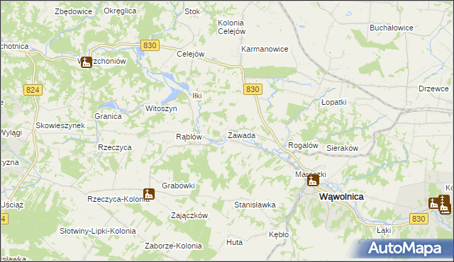 mapa Zawada gmina Wąwolnica, Zawada gmina Wąwolnica na mapie Targeo