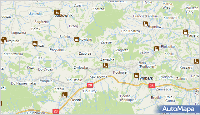 mapa Zawadka gmina Tymbark, Zawadka gmina Tymbark na mapie Targeo