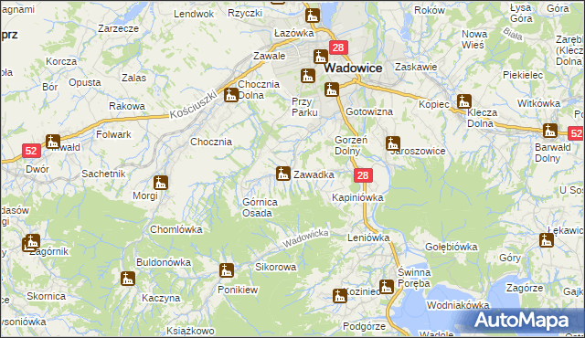mapa Zawadka gmina Wadowice, Zawadka gmina Wadowice na mapie Targeo